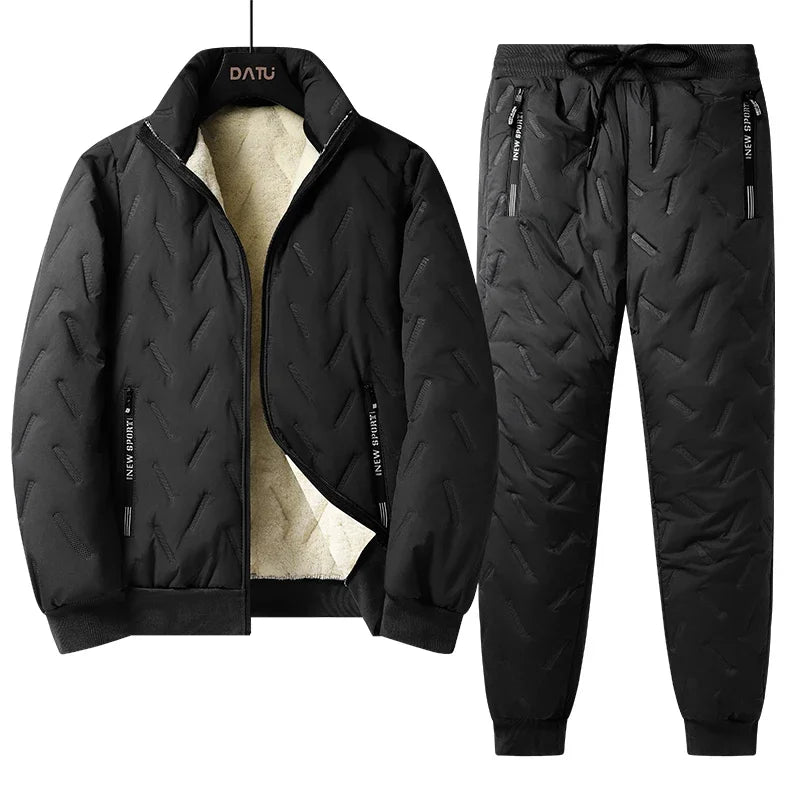 Men's Parka Jacket Winter Tracksuit Thick Warm Lamb Woolen Fleece Lined 2 Piece Set Jacket + Pants Sportswear Sweat Suits