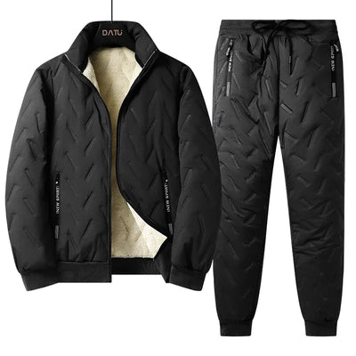 Men's Parka Jacket Winter Tracksuit Thick Warm Lamb Woolen Fleece Lined 2 Piece Set Jacket + Pants Sportswear Sweat Suits